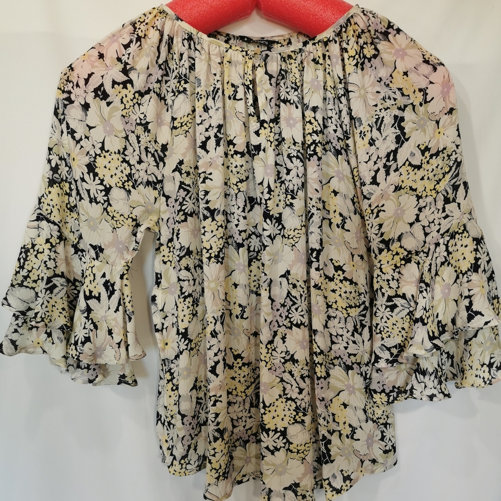 Chaps Black Floral Gauze Peasant Blouse with Pale Yellow & Light Pink